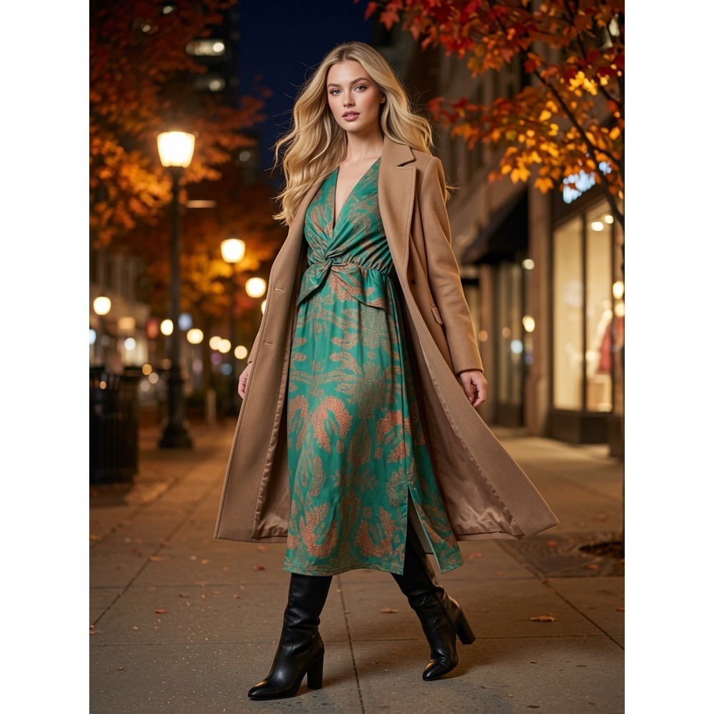 Womens Green Abstract Faux Wrap Twist Front Midi Dress Long Sleeve Stretch